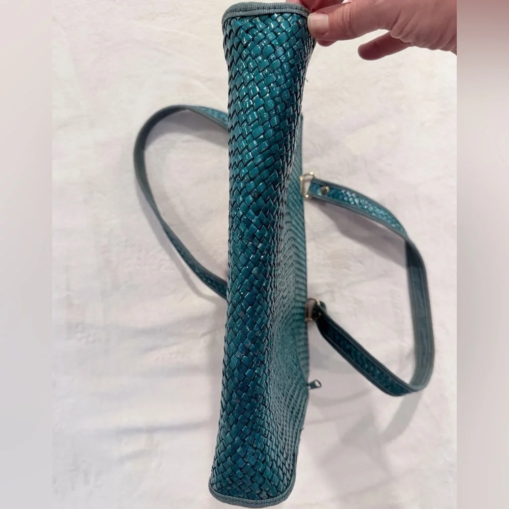 Vintage Woven Straw Tote Bag Colorblock Pink Teal Mustard Made in Italy - Picture 10 of 10